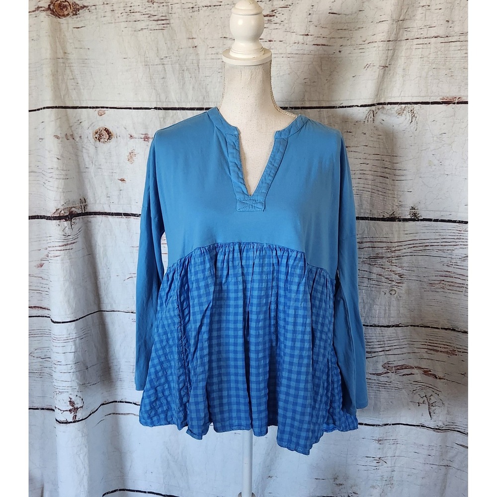 Pilcro Anthropologie Blue Gingham Mixed Media V-Neck Babydoll Tunic Top XS